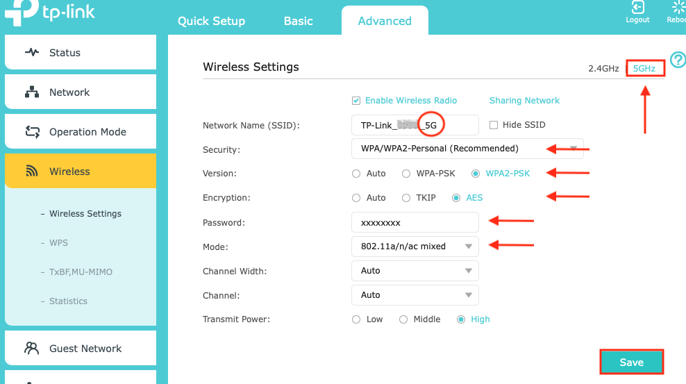 5-GHz-Einstellungen TP-Link Archer C7